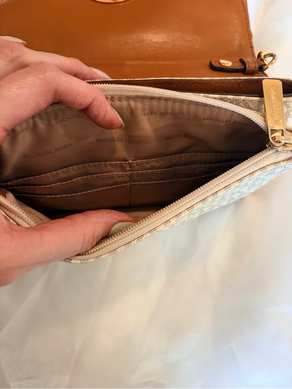 Michael Kors White and Brown Logo Crossbody with Gold MK Medallion